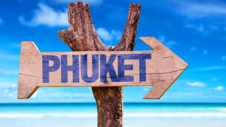 Phuket sign post with ocean backdrop